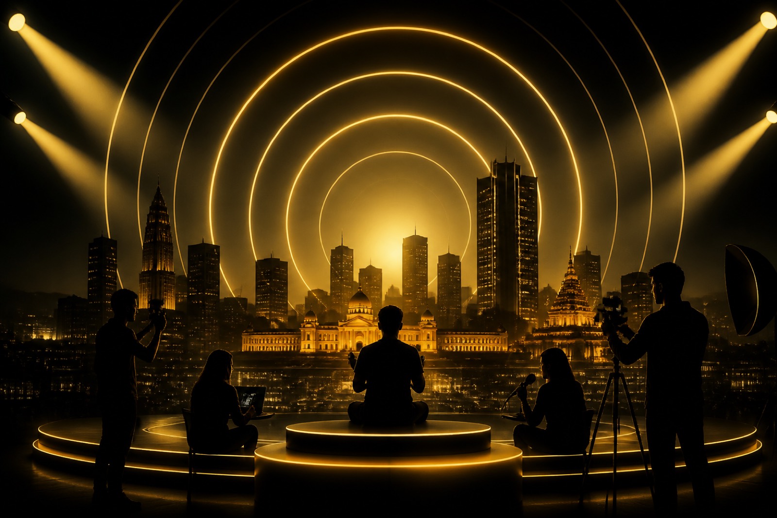 Bengaluru night skyline with gold creator-stage neon rings — agency authority cover