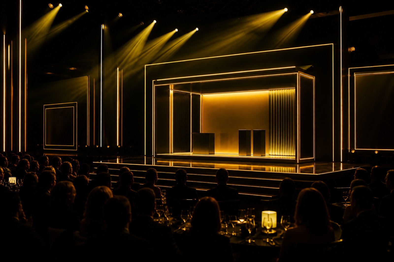 Premium brand partnership activation zone on a dark gold-lit awards stage