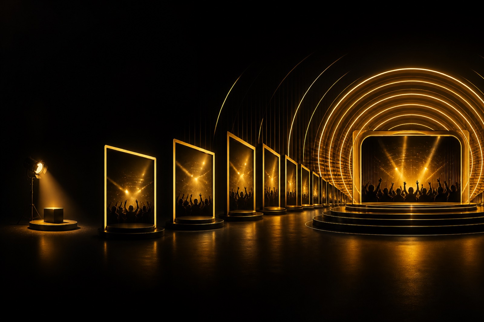 Campaign light expanding into a multi-season owned franchise stage under gold neon