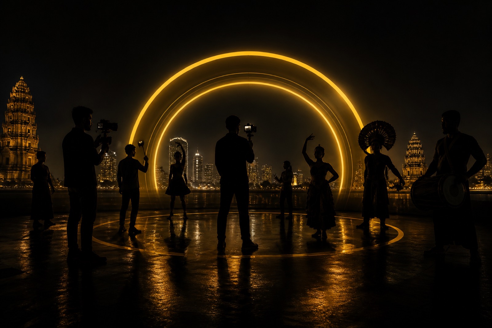 Cinematic gold-lit silhouettes of Kannada and South India creator community energy