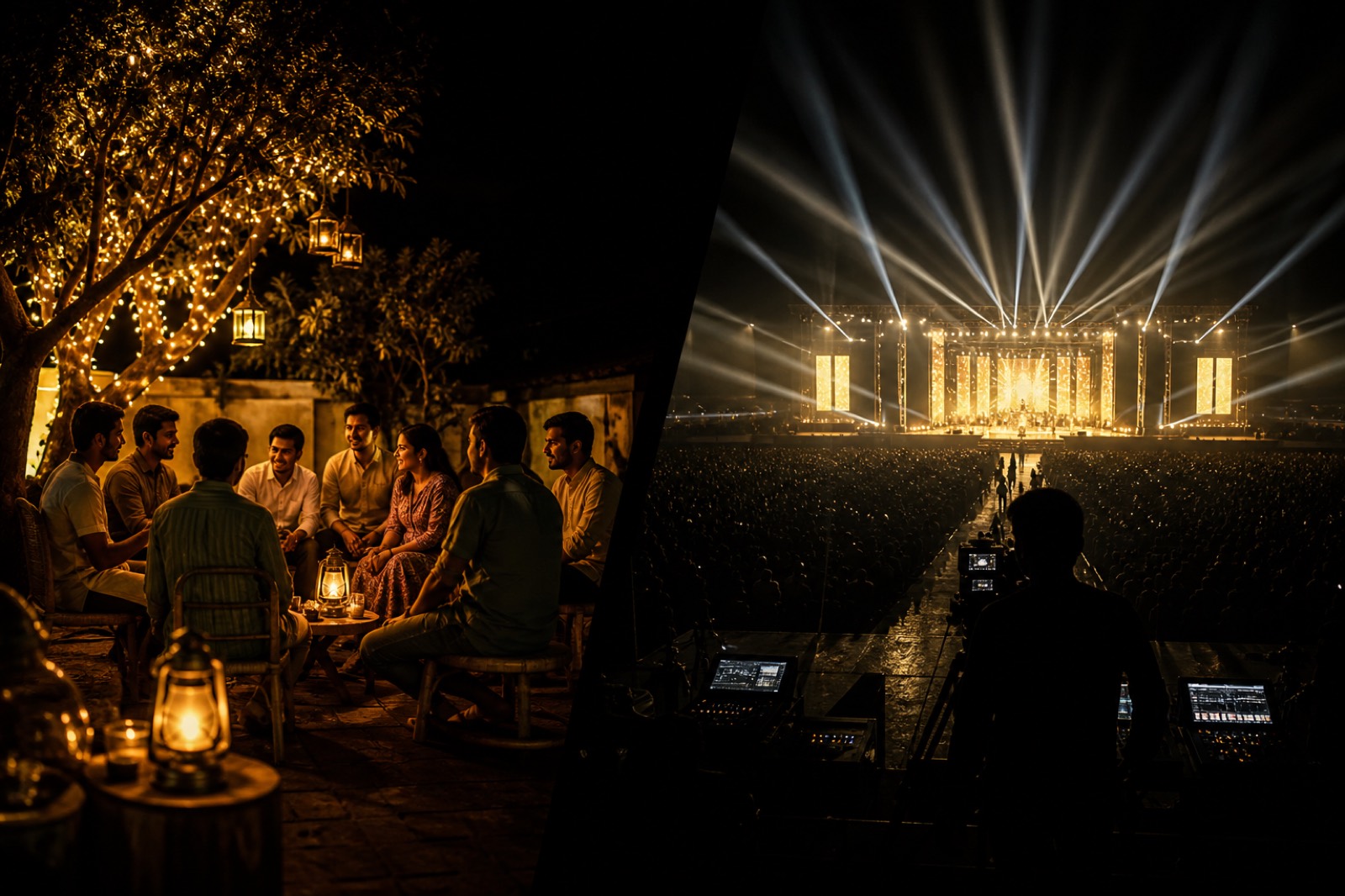 Split scene contrasting intimate regional gathering with distant national stage lights