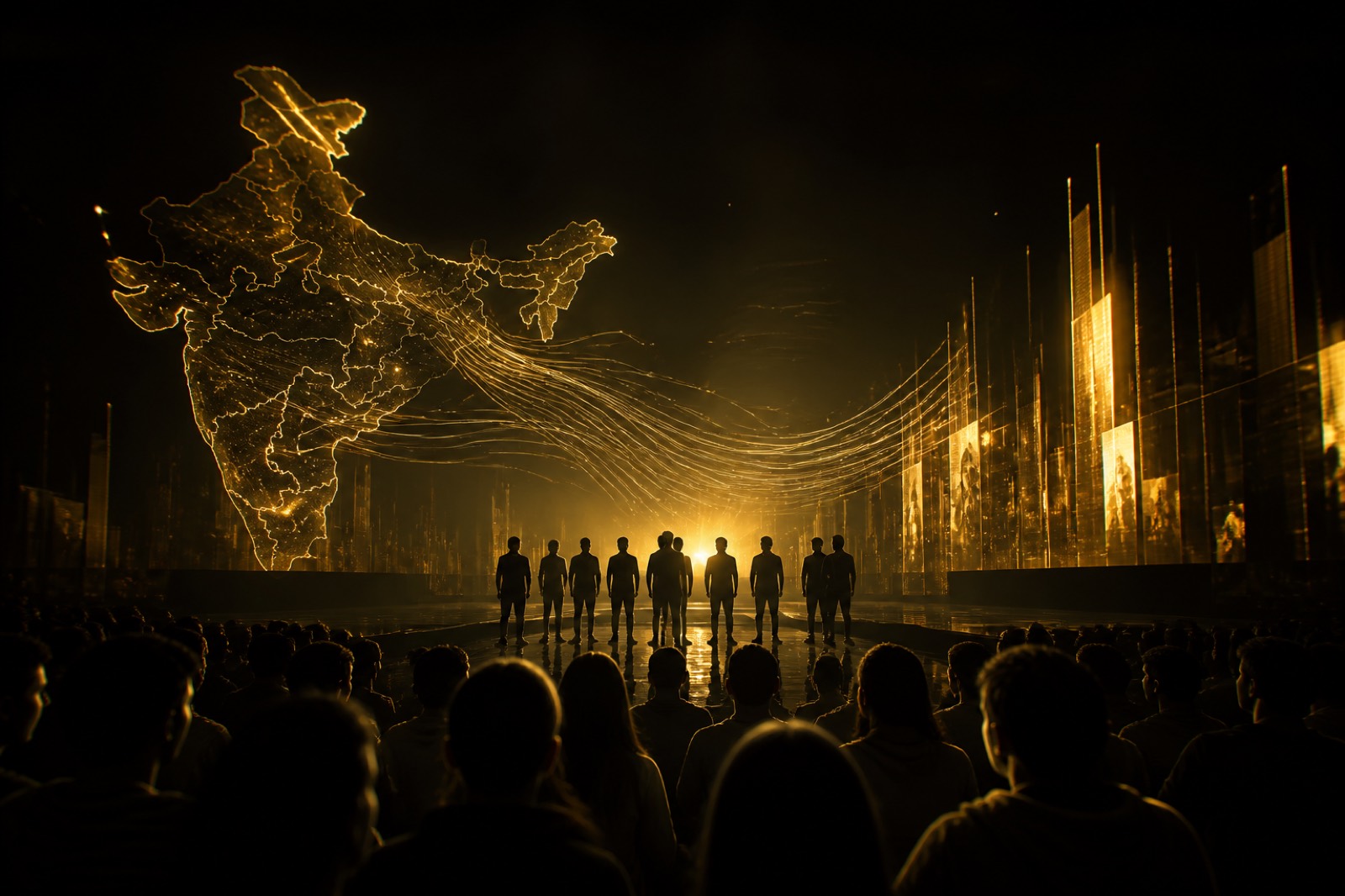 Cinematic gold-lit abstract of India's creator agency landscape, regional vs national