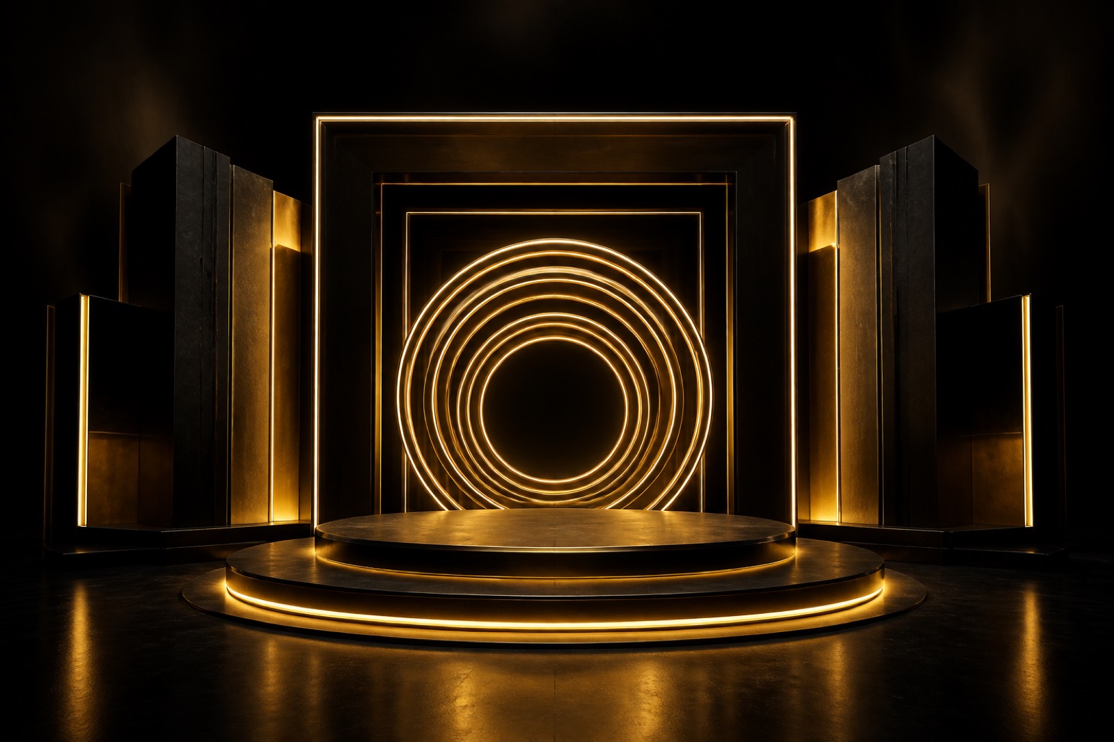 Permanent gold geometric stage frames representing owned brand IP development